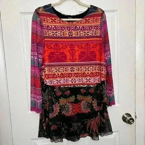 DESIGUAL Multi-colored Long Sleeve Tiered Mesh Blouse | size Medium - Picture 1 of 9